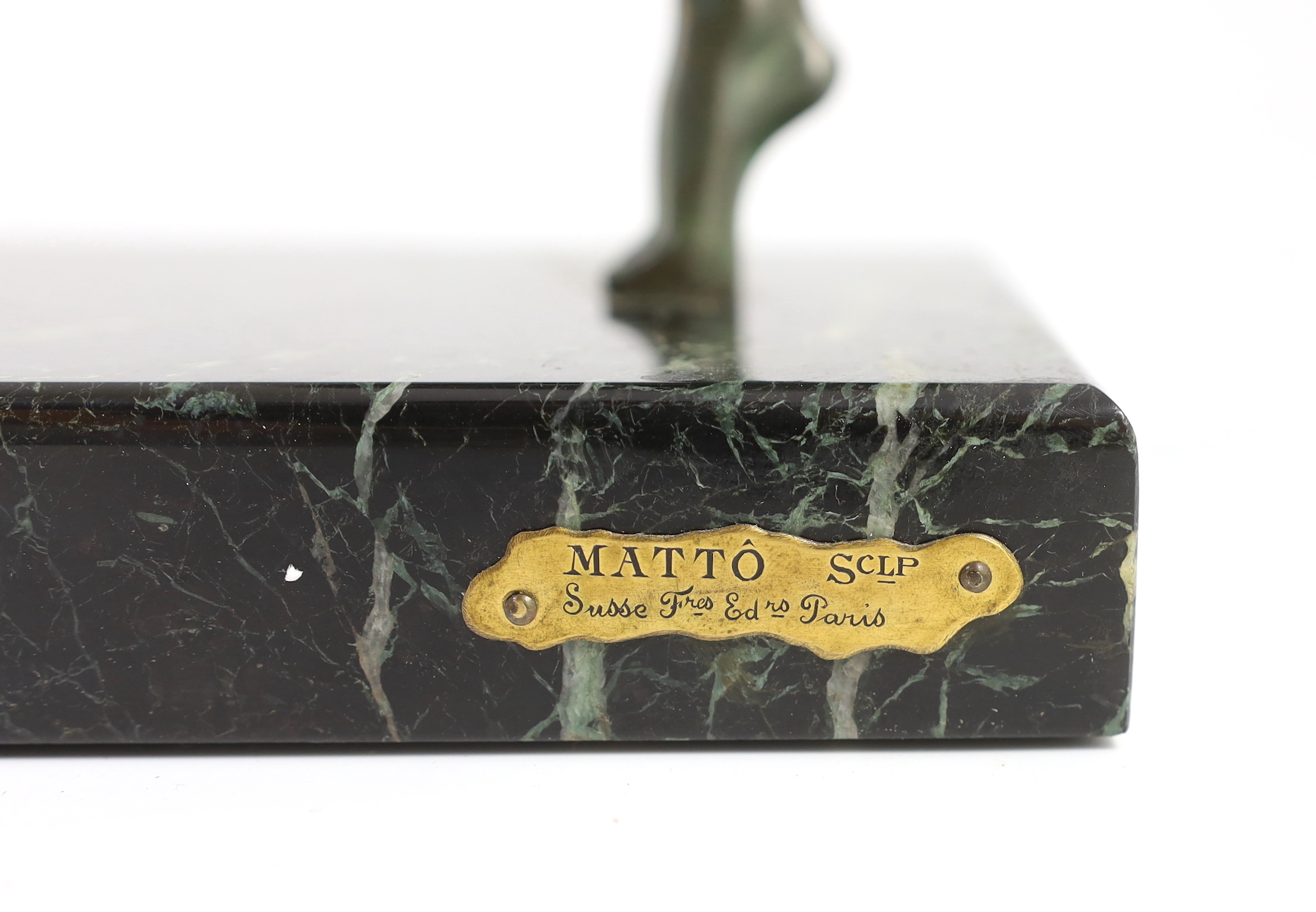 Philippe Matteau (Matto). An Art Deco bronze and marble group of three dancing pan pipers, 80cm wide, 15cm deep, 40cm high